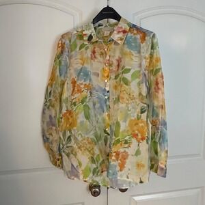Cynthia Rowley Womens 2X Watercolor Floral Button Down Blouse Long Sleeve Sheer